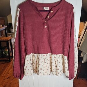 BiBi Berry Waffle Knit Henley with Cream Floral Ruffle